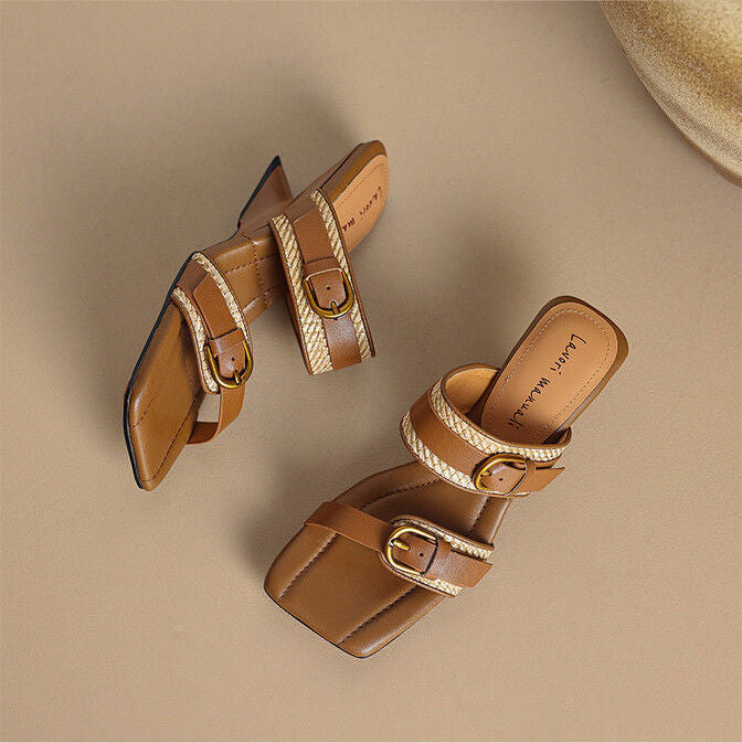 Braided Belt Buckle Open Toe Wedges