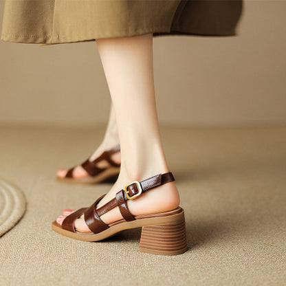 Retro Square Toe Block Heel Sandals