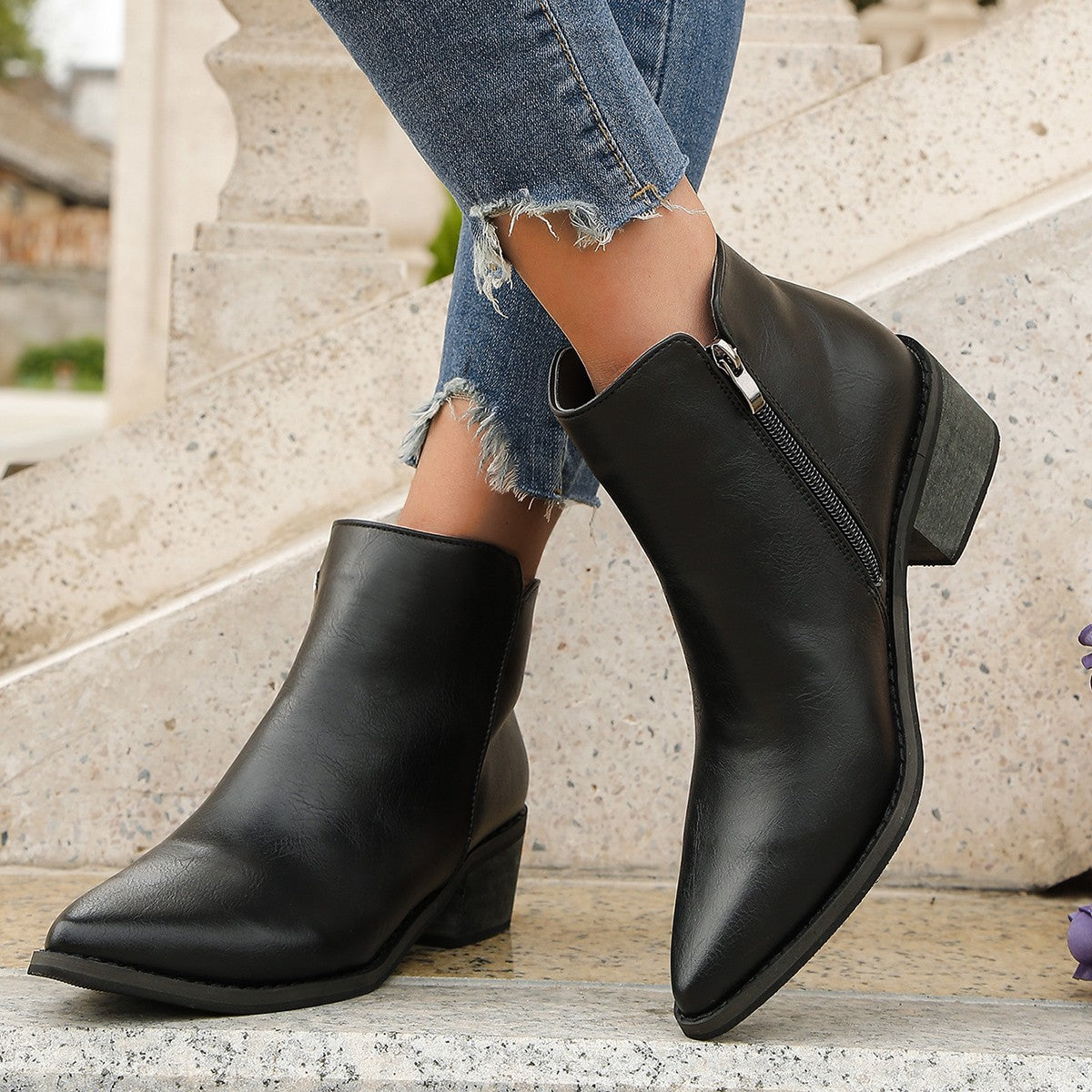 Retro Pointed-Toe Low-Heel Ankle Booties