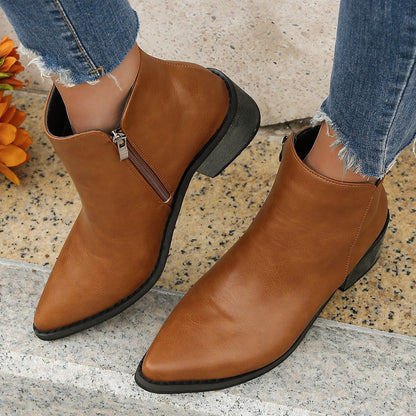 Retro Pointed-Toe Low-Heel Ankle Booties