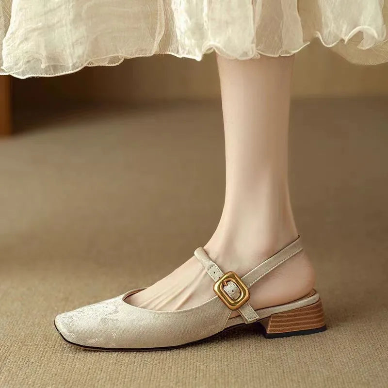 Mid Heels Square Toe Slingback Shoes