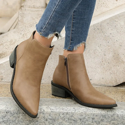 Retro Pointed-Toe Low-Heel Ankle Booties