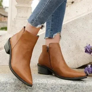 Retro Pointed-Toe Low-Heel Ankle Booties