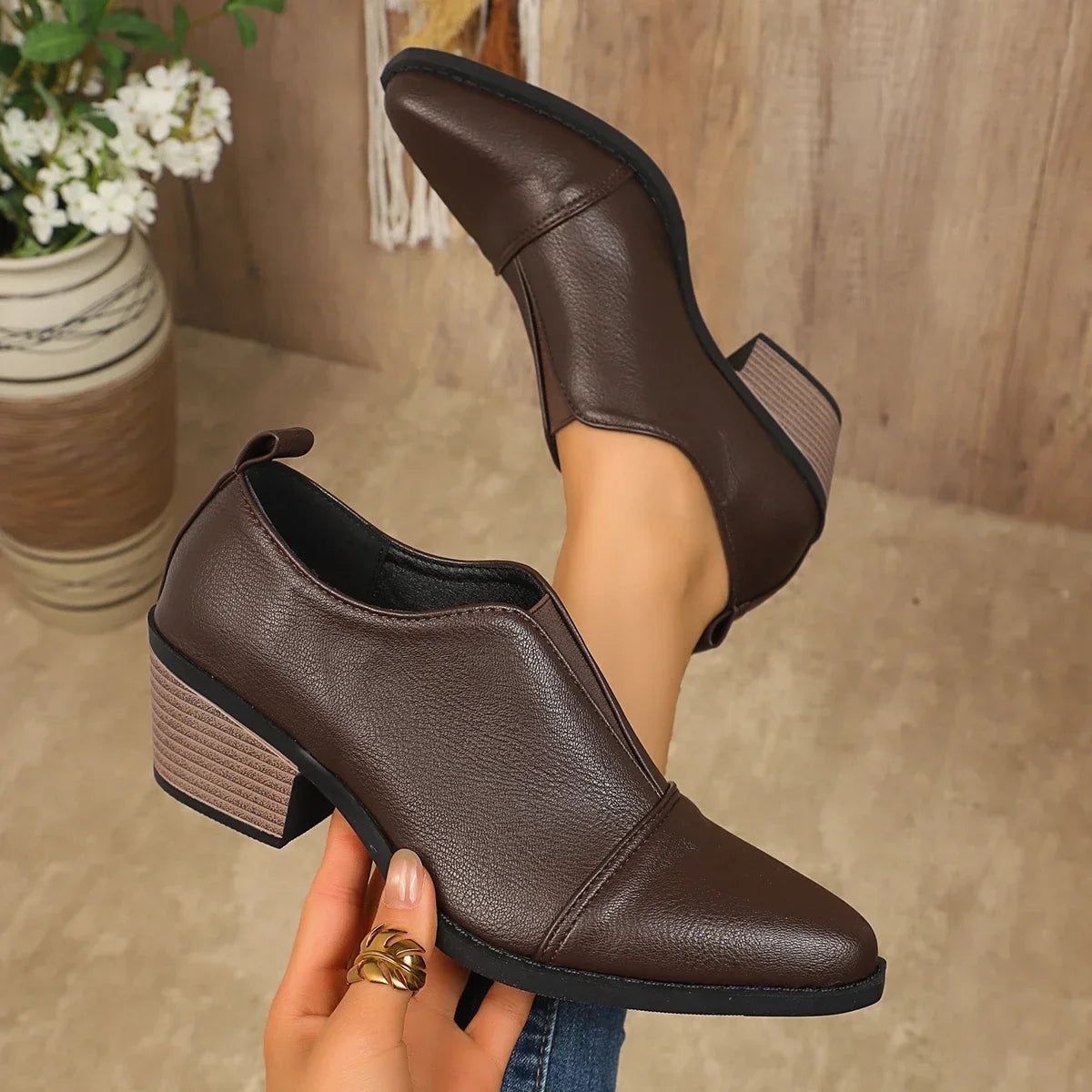 Pointed Toe Chunky Heel Ankle Boots