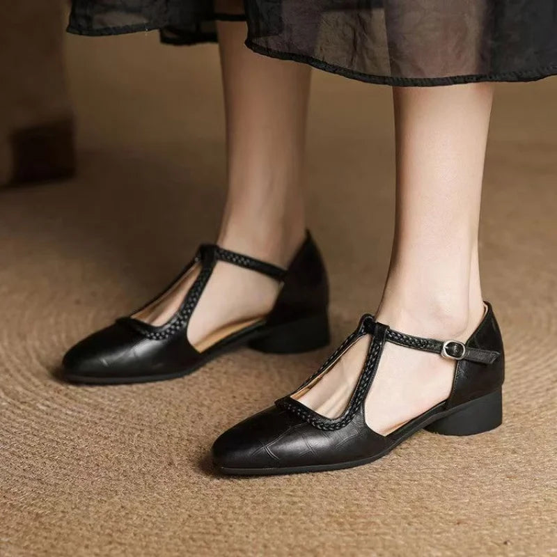 Textured T-Strap Flat Sandals