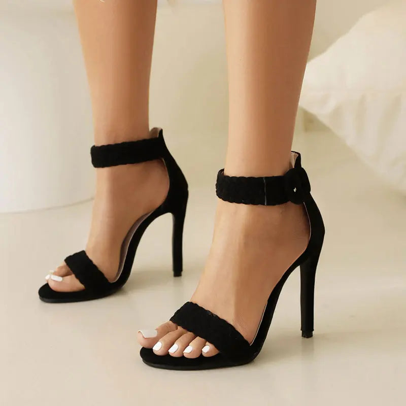 Woven Ankle Strap Stiletto Heels