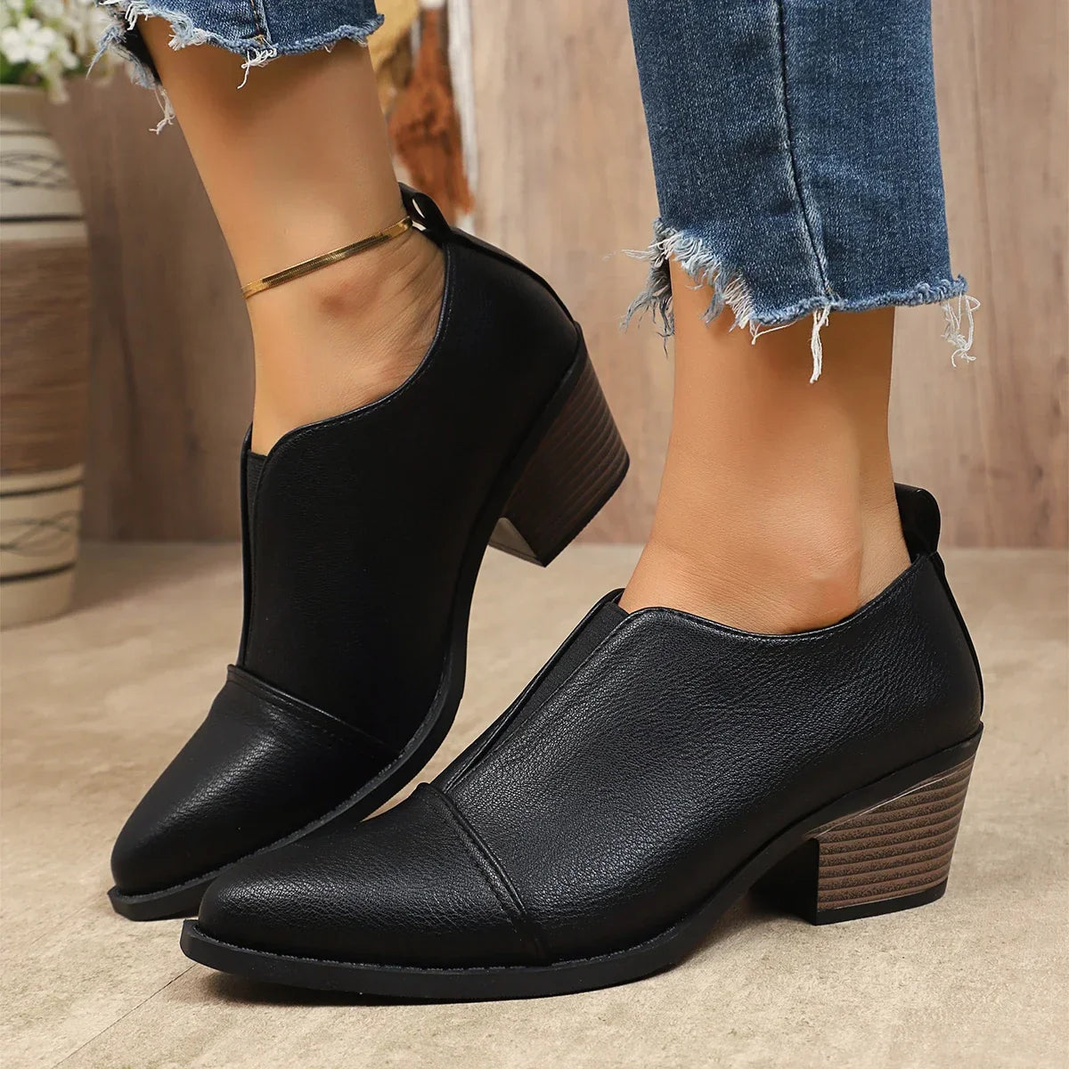Pointed Toe Chunky Heel Ankle Boots