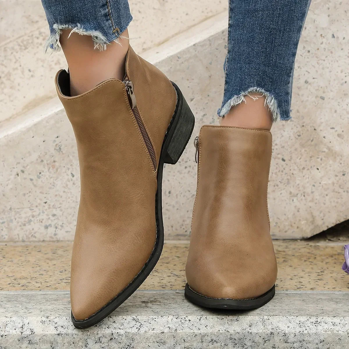 Retro Pointed-Toe Low-Heel Ankle Booties