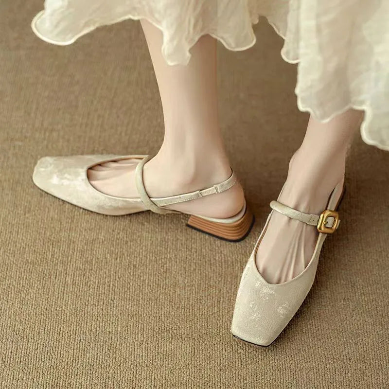 Mid Heels Square Toe Slingback Shoes
