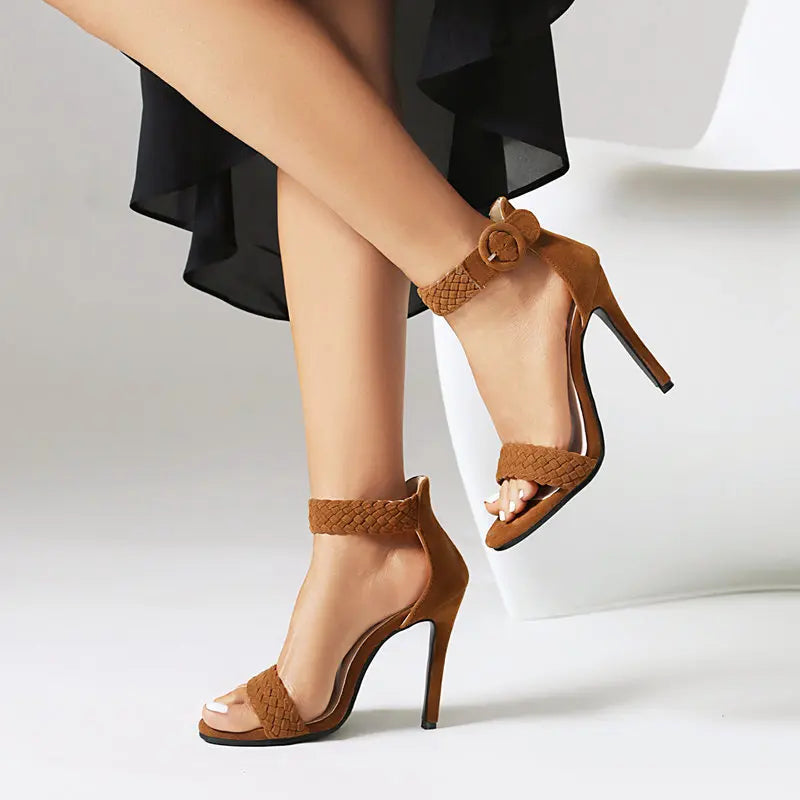 Woven Ankle Strap Stiletto Heels