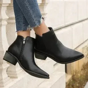 Retro Pointed-Toe Low-Heel Ankle Booties