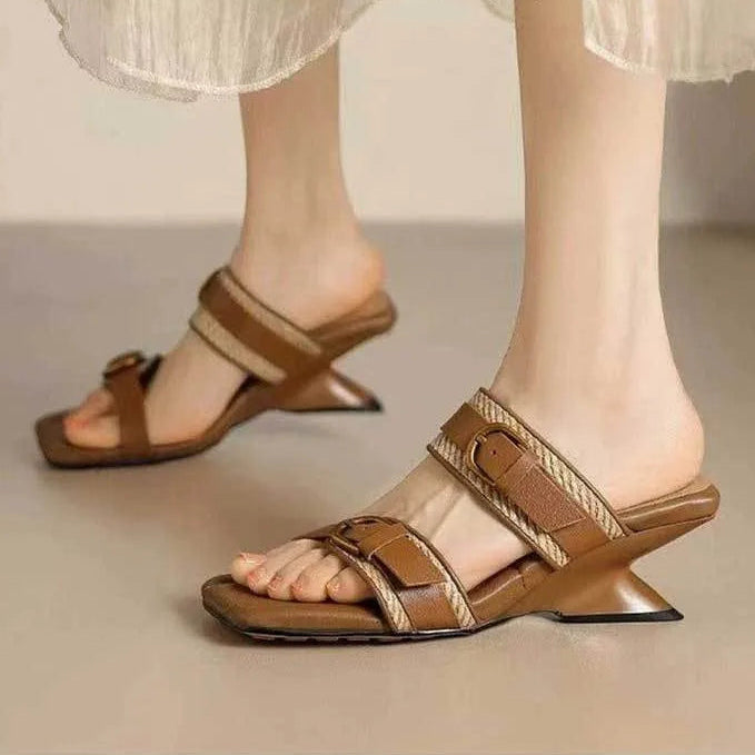 Braided Belt Buckle Open Toe Wedges